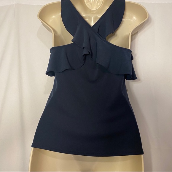 BANANA REPUBLIC NAVY CROSS FRONT NAVY RUFFLE TOP - Picture 5 of 8